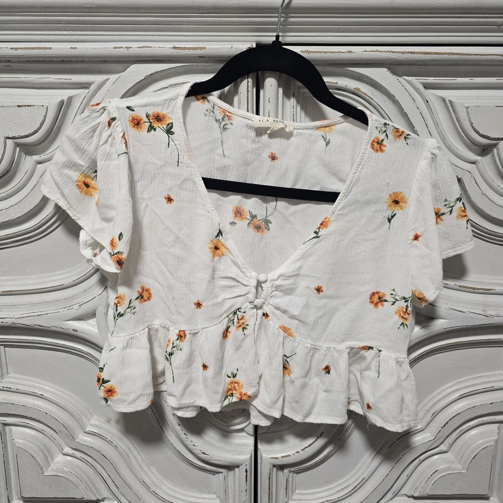 White Floral Tie-Front Peplum Top